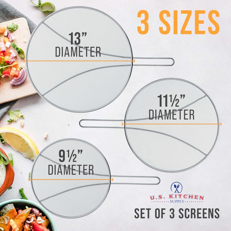 U.S. Kitchen Supply مجموعة أدوات المطبخ الأمريكية من 3 شاشات تشتت من الفولاذ المقاوم للصدأ - 13 بوصة، 11.5 بوصة و 9.5 بوصة - شاشة تشتت شبكية دقيقة مع أرجل للراحة، واقي للدهون لأواني ومقالي المطبخ - Image 3